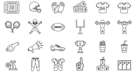 Fototapeta premium A collection of vector-based PNG icons representing various elements associated with American football, including equipment, field, and related items, suitable for design projects.