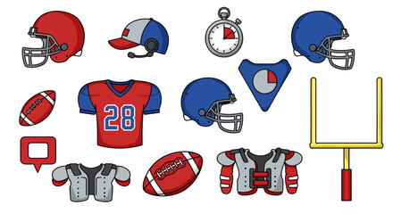 High-quality vector PNG icons of american football equipment, including helmets, jerseys, pads, ball, and field goal post, perfect for sports websites, games, and team designs.