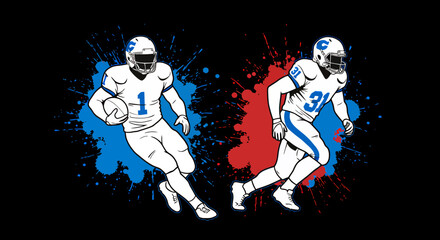 Dynamic vector illustration of two American football players in action, highlighted by vibrant color splashes, creating a visually striking sports graphic element.
