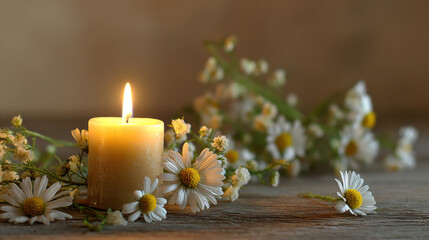 Glowing candle surrounded by white daisies, evoking tranquility and reflection.