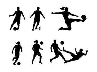Dynamic black and white silhouettes of soccer players in various actions