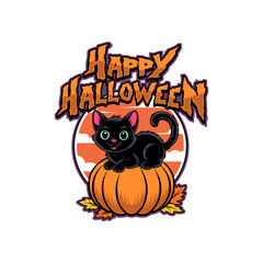 Cute Black Cat Sitting on Pumpkin with Happy Halloween Text Illustration