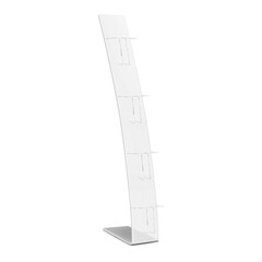 Metal literature display stand. Realistic 3d vector mockup. Blank white vertical open storage rack. Mock-up. Brochure, catalogue, magazine, leaflet, flyer floor standing holder. Template for design