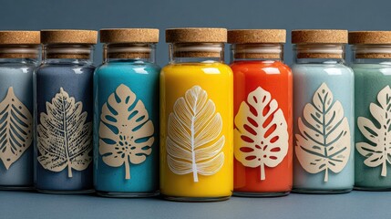 Colorful candles in glass jars with leaf designs
