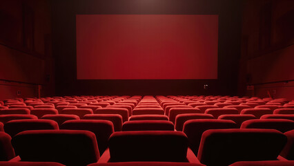 Fototapeta premium Empty red cinema auditorium with rows of red seats and a large blank screen ready for a movie presentation