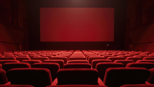 Empty red cinema auditorium with rows of red seats and a large blank screen ready for a movie presentation - Powered by Adobe
