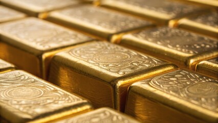 Shiny gold bars stacked closely together, showcasing their intricate designs and luxurious appearance.