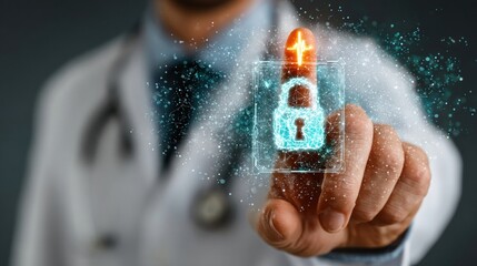 Doctor with secure health data interface, showing digital protection and medical technology