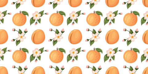 Seamless pattern of peaches and flowers on white background