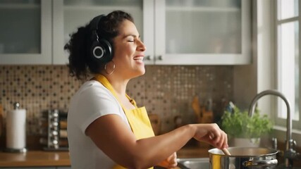 Carefree Woman with Headphones Joyfully Dances and Sings While Cooking in Her Kitchen
