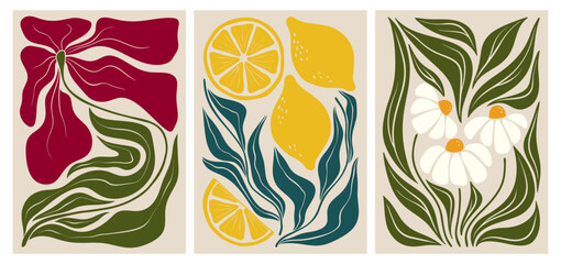 Abstract prints with groovy botanical leaves and flowing organic shapes for modern interiors. Bold flowers, lemons and daisies with wavy foliage in vibrant colors. Retro style nature artwork set.
