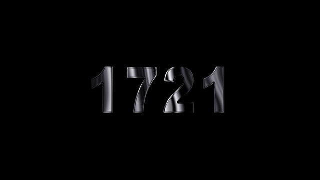 1721 text with screen effects of technological failures. Concept of counting years. Past year technology concept ,metal animation text on transparent black.