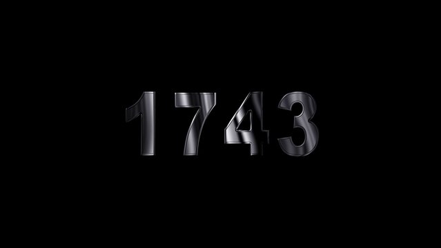 1743 text with screen effects of technological failures. Concept of counting years. Past year technology concept ,metal animation text on transparent black.