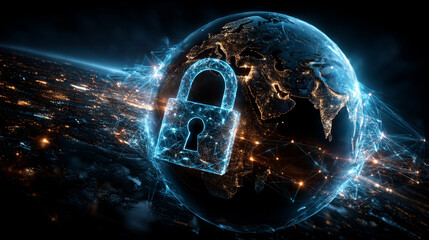 Network security. Hand holding network security globe with network connecting data. Integration of digital technology, protection against cyber threats ensuring safe data transfer and communication.