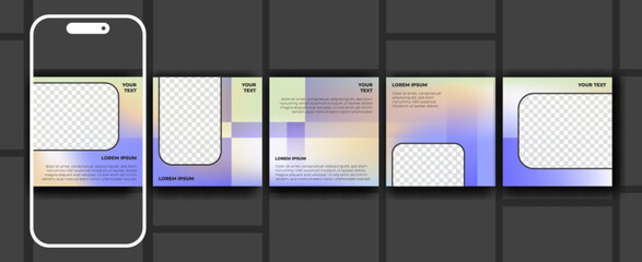 Social media carousel post templates with gradient backgrounds and photo placeholders. Minimalist layouts with soft fluid color and text areas for business content or personal branding campaigns.