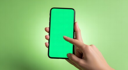 A hand is holding and touching a smartphone with a green screen display against a light green backdrop.