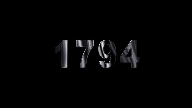 1794 text with screen effects of technological failures. Concept of counting years. Past year technology concept ,metal animation text on transparent black.