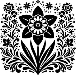 Daffodil Flower Solid Black Vector Silhouette in Traditional Mexican Folk Style