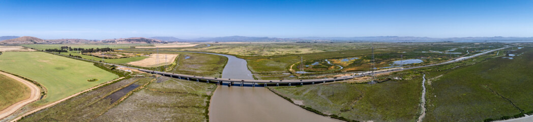 panoramic aerial view of landscape around Sonoma creek bridge located north of San Francisco Bay...