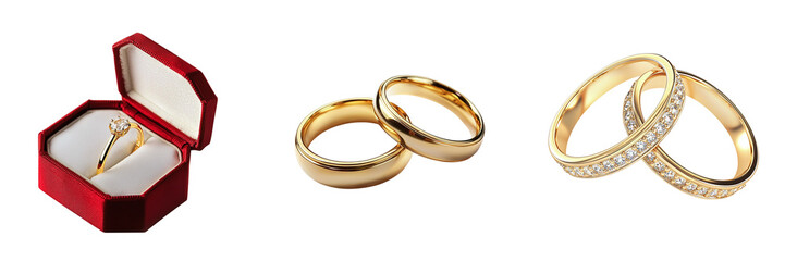 Set of wedding gold rings isolated on transparent background PNG