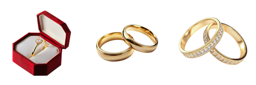 Set of wedding gold rings isolated on transparent background PNG - Powered by Adobe
