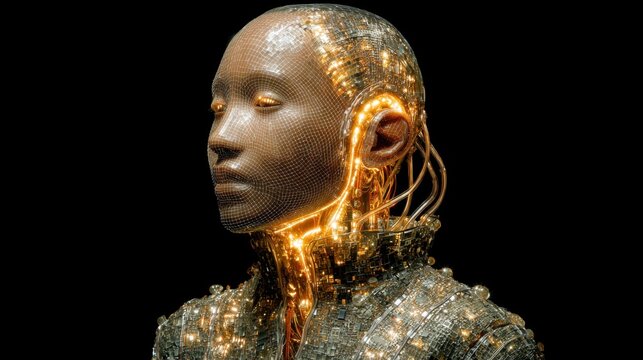 Futuristic humanoid robot with glowing elements in a dark background