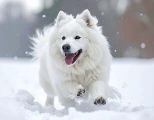 Obraz premium Fluffy white dog playing in snow, joyful expression, ultra realistic, 8K