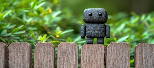 Small Grey Sculpture Toy Displayed Bravely Behind a Barrier Against a Beautiful Nature Backdrop