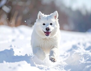 Obraz premium Fluffy white dog playing in snow, joyful expression, ultra realistic, 8K