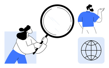 Woman holds magnifying glass, inspecting details with a man gesturing and a globe icon. Ideal for exploration, research, teamwork, global collaboration, data analysis, discovery, simple flat metaphor