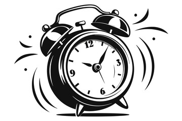 Black outline classic ringing alarm clock shows the time on a white background