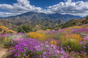 Spring wildflowers carpet a mountain valley under a partly cloudy sky