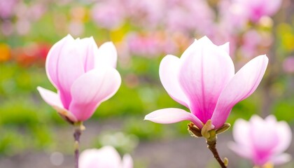 Obraz premium Delicate pink magnolia blossoms in soft focus