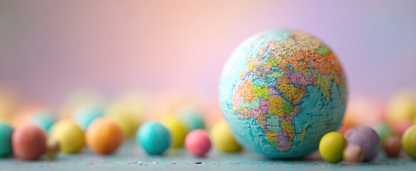 The colorful globe surrounded by vibrant pastel spheres illustrating global diversity.