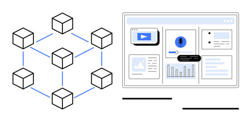 Blockchain nodes linked together beside a digital dashboard displaying graphs, notifications, and video. Ideal for technology, blockchain, data visualization, innovation, analytics, communication