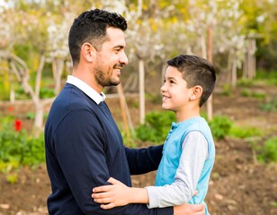 A father and son embrace outdoors