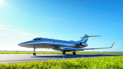 Shiny silver private jet parked on a runway with green grass and a bright blue sky on a sunny day