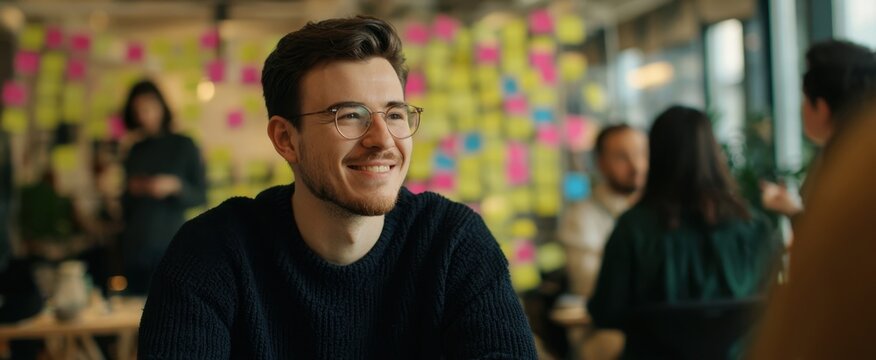 The smiling young man in a modern office environment filled with creativity.