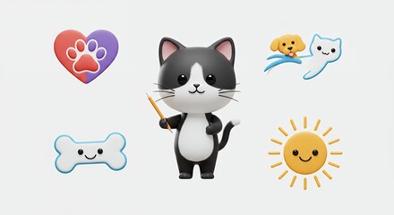 Obraz premium Cartoon cat character illustration with icons