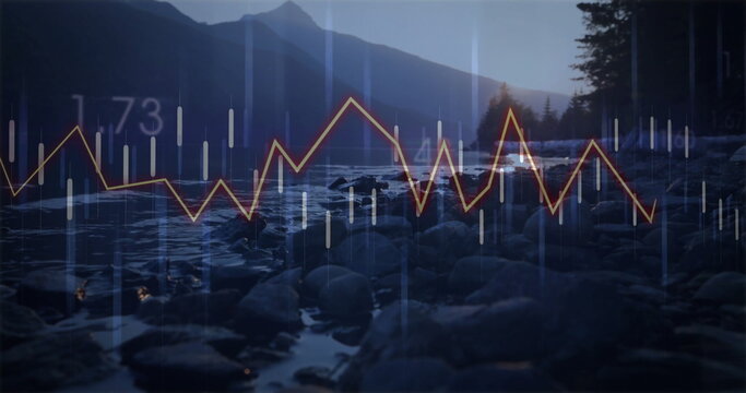 Fototapeta Displaying rocky lakeshore at dusk, with pine trees, mountain peaks, and digital chart labeled 1