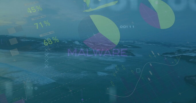 Fototapeta Showing malware overlay merging with sea, with pie and line graphs percentages and binary code