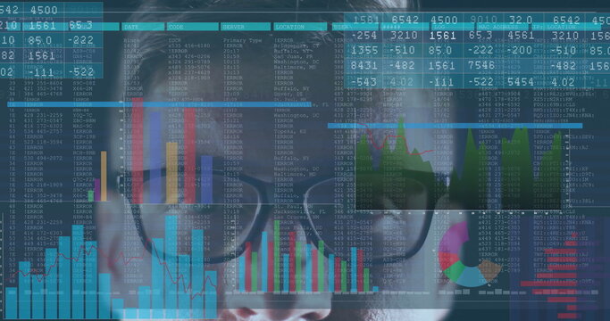 Analyzing adult male examining data overlays via eyeglasses in virtual workspace, with color charts - Powered by Adobe