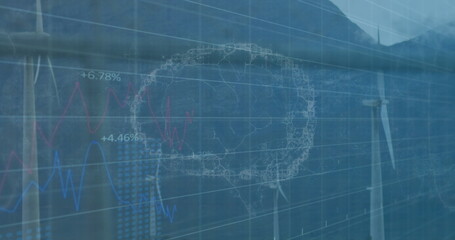 Showing white wind turbine tower standing at wind farm, with wireframe brain and chart overlays