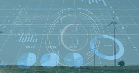Visualizing circular interface tracking wind farm metrics on grassy plain using digital charts