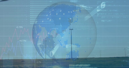Displaying semi-transparent globe hovering over grassy plain, with line charts and wind turbines