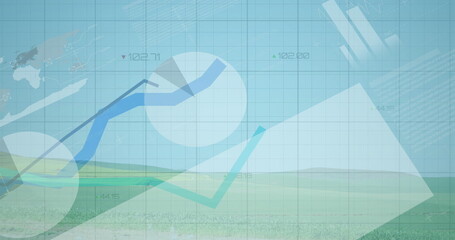 Displaying semi-transparent financial charts overlaying rural green field, with colored line graphs