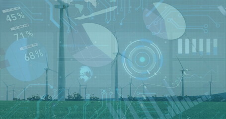 Showing wind turbine scanning data at farm, with solar panels, pie charts and circuit patterns