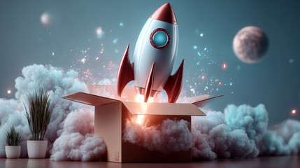 Rocket Launching from Box, New Business Startup. 3D illustration
