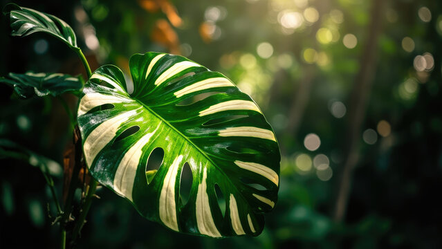 Variegated Monstera leaf with white and green stripes illuminated by sunlight against a blurred green background of foliage - Powered by Adobe