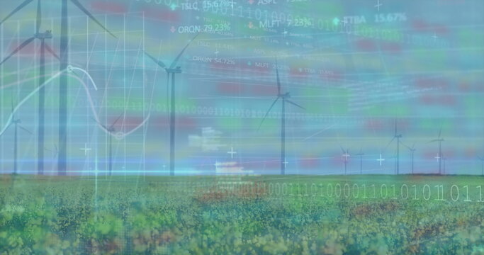 Spinning wind turbines in grass and wildflower meadow, displaying binary streams and ticker symbols - Powered by Adobe